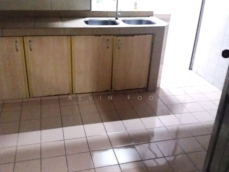 Kitchen features: double-bowl stainless-steel sink, laminate countertop, wood cabinetry with yellow accents, ceramic tile flooring, wall tiles, kitchen faucet, open layout, natural light from window.