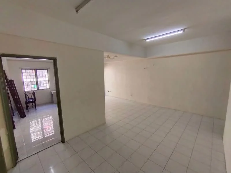 Room features: white painted walls, white ceiling, fluorescent lighting, tiled flooring, open layout, large windows, doorway leading to another room, neutral color scheme; style: minimalist.