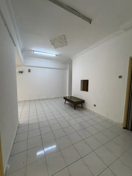 Room features: white painted walls, white ceiling with crown moulding, tile flooring, recessed lighting, single wall-mounted electrical outlet, window opening, empty space, no visible furniture.
