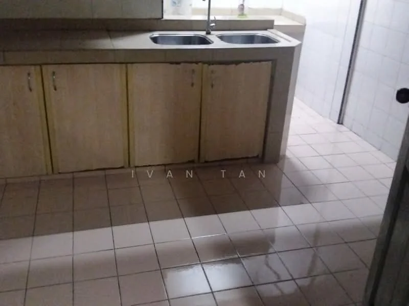 Kitchen features: double-bowl stainless-steel sink, chrome pull-down faucet, laminate countertop, wood cabinetry with yellow trim, ceramic tile flooring, white tiled walls, wall-mounted cabinets, open space layout.