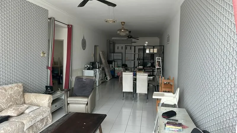 Living features: beige fabric sofa, 2-seater leather sofa, wooden coffee table, white tiled flooring, decorative wall with geometric pattern, ceiling fan, recessed lighting, wall-mounted mirror, dining table with chairs, open layout to kitchen, TV console, area rug; style: modern.