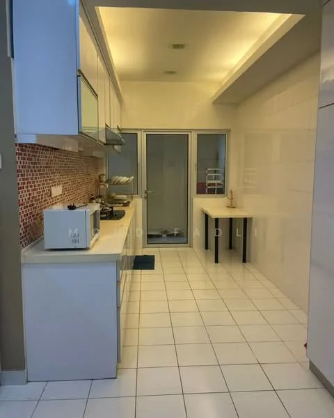 Kitchen features: white cabinetry, stainless-steel sink, chrome pull-down faucet, white countertop, red mosaic tile backsplash, built-in oven, microwave, ceramic tile flooring, recessed downlights, floor-to-ceiling windows, table, sliding glass door; style: modern.
