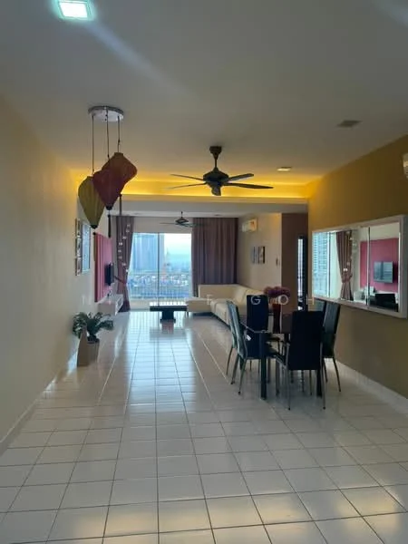 Living features: white painted walls, cream accent wall, glossy white tile flooring, 5-blade ceiling fan with light, sofa in beige, coffee table, TV console, wall-mounted TV, dining table with black chairs, large windows with city view, curtains in brown, decorative wall art; style: modern; view: city.