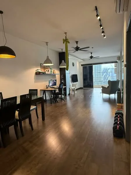Living features: wooden flooring, white painted walls, recessed downlights, 5-blade ceiling fan, 2-seater fabric sofa, dining table for 6, black dining chairs, desk with computer setup, wall-mounted TV, large sliding glass door, curtains, decorative wall clock; style: modern; view: city.