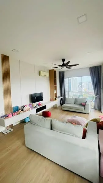 Living features: light grey fabric 3-seater sofa, light grey fabric 2-seater sofa, wooden coffee table, wall-mounted TV, floating TV console, ceiling fan with light, floor-to-ceiling windows, curtains, wood panel accent wall, laminate flooring, decorative cushions, decorative items on console; style: modern; view: city.