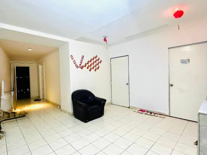 Living features: white painted walls, tile flooring, single black leather armchair, two white doors, decorative wall art, ceiling light, neutral color scheme, open layout. Hallway features: white painted walls, tile flooring, two doors, dim lighting.