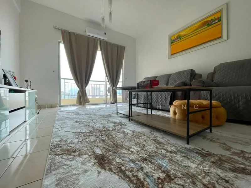 Living features: grey fabric sofa, coffee table with wooden top and metal frame, area rug with abstract pattern, floor-to-ceiling windows, curtains, TV console, wall-mounted TV, decorative wall art, air conditioning unit; style: modern; view: city.