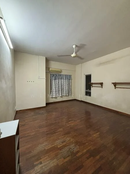 Room features: wooden flooring, white painted walls, ceiling fan, window with sheer curtains, air conditioning unit, two wall-mounted shelves, light fixture, corner shelf unit.