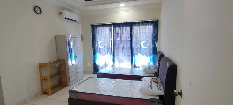 Bedroom features: two single beds, white bed linens, wooden bedside table, built-in wardrobe with mirror, floor-to-ceiling windows with blue curtains, air conditioning unit on wall, cream painted walls, tile flooring, recessed ceiling lights; style: modern.