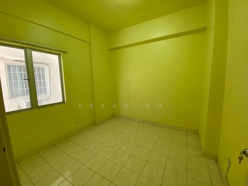 Room features: yellow painted walls, white tiled flooring, single window, window with grid pattern, air conditioning unit, corner room, no visible furniture.