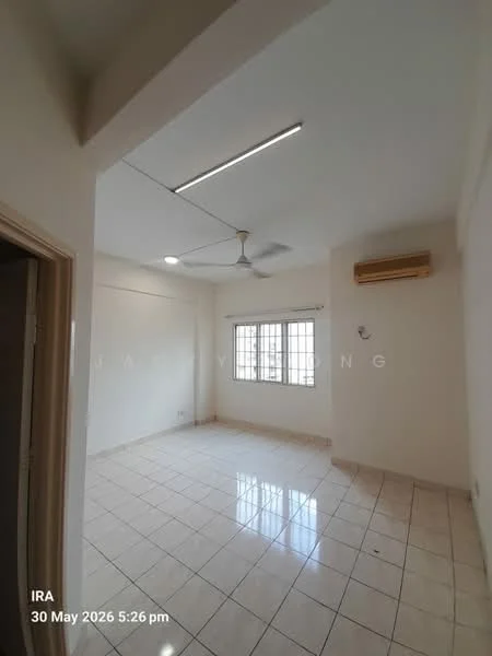 Room features: white painted walls, tile flooring, ceiling fan, wall-mounted air conditioning unit, large window with grid pattern, LED ceiling lights, neutral color scheme; style: modern.