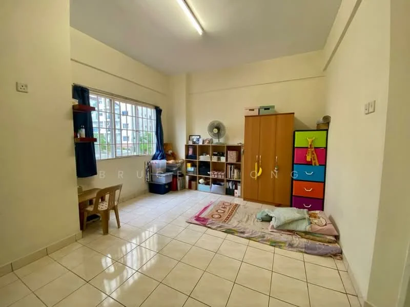 Room features: white painted walls, tile flooring, large window with sheer curtains, wooden wardrobe with multiple compartments, colorful storage drawers, small study desk, fan, area rug, mattress on the floor, bookshelf; style: minimalist.