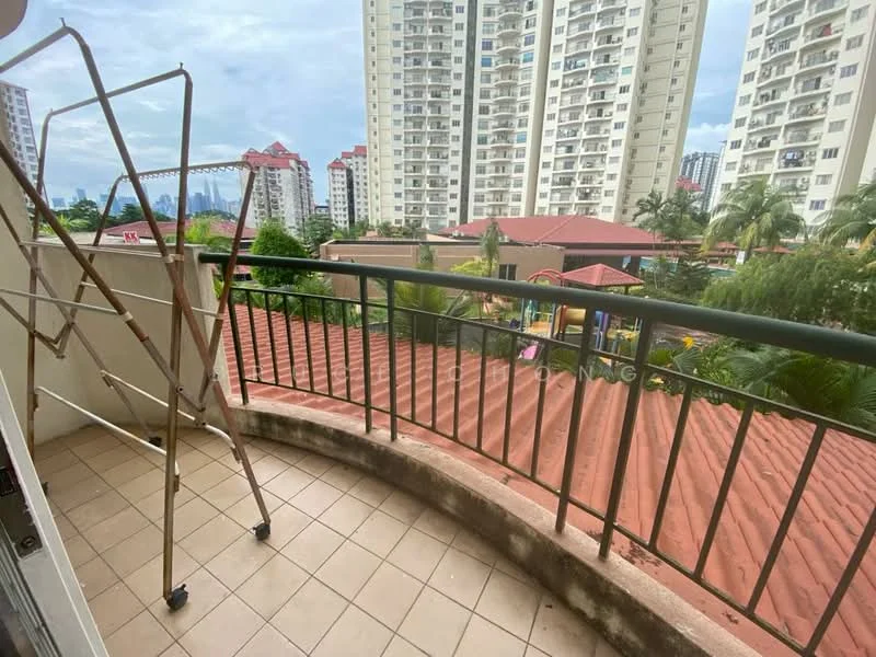 Balcony features: terracotta tile flooring, metal railing, clothes drying rack, view of surrounding buildings, view of playground, overhead sky, potted plants, roof with red tiles; view: city.