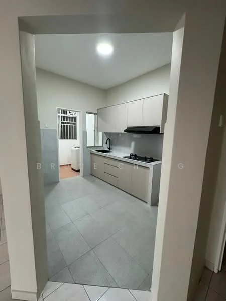 Kitchen features: grey tiled flooring, light grey cabinetry, black single-bowl stainless-steel sink, black gooseneck faucet, built-in gas stove, white tiled backsplash, window above sink, recessed ceiling lights; style: modern.