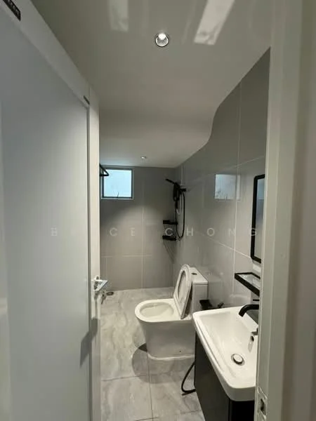 Bathroom features: white walls, grey tiled walls, marble tile flooring, one-piece toilet, single-sink vanity with black cabinet, chrome basin mixer, framed mirror, recessed downlights, shower area with handheld shower, towel rack; style: modern.