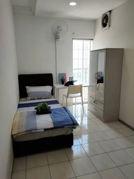 Bedroom features: single bed with blue and white bedding, white painted walls, ceramic tile flooring, ceiling fan, wall-mounted air conditioning unit, window with sheer curtains, study desk with white chair, wardrobe with mirrored doors; style: minimalist.