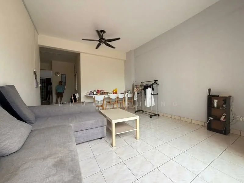 Living features: grey fabric L-shape sectional sofa, coffee table, white tiled flooring, ceiling fan, wall-mounted TV, decorative shelving unit, dining table with white chairs, open layout to kitchen, neutral wall color, natural light from windows; style: modern.