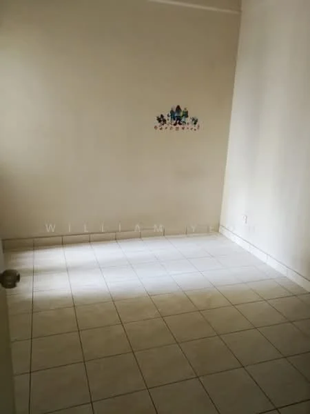 Room features: white painted walls, tile flooring, natural light from window, decorative wall stickers.