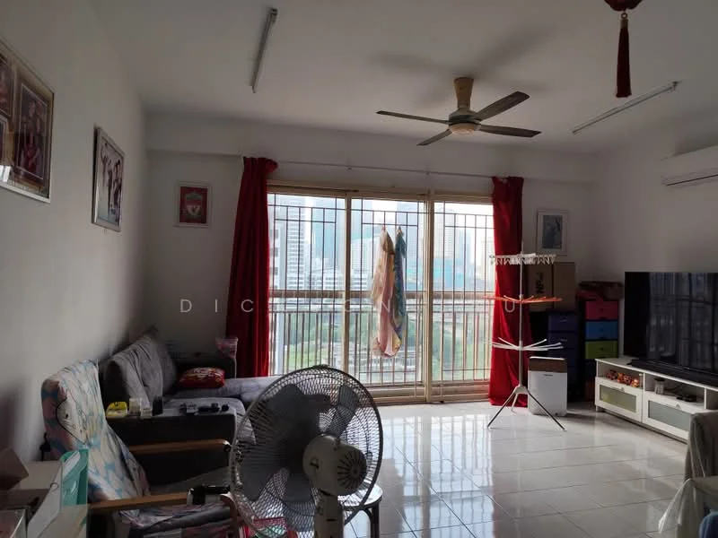 Living features: grey fabric sofa, 3-seater sofa, ceiling fan, floor-to-ceiling windows, sliding glass door, red curtains, white tiled flooring, wall-mounted TV, TV console, decorative wall art, clothes drying rack, colorful storage drawers, area rug; style: modern; view: city.