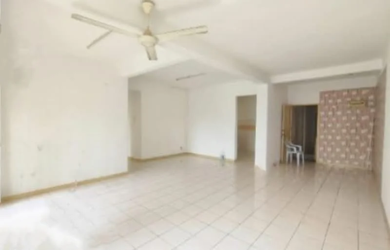 Room features: white painted walls, ceramic tile flooring, 5-blade ceiling fan, recessed lighting, empty space, doorway leading to another room, corner with wallpaper, no visible furniture.