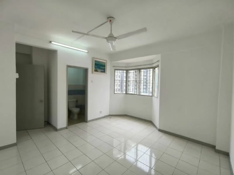 Living features: white painted walls, tile flooring, 5-blade ceiling fan with light, large windows with multiple panes, corner window with city view, light fixture on ceiling, neutral color scheme, no visible furniture; style: minimalist; view: city. Room features: door leading to bathroom, light switch, wall-mounted artwork, no visible furniture.