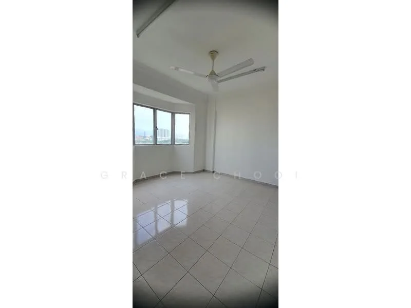 Room features: white painted walls, glossy ceramic tile flooring, ceiling fan, floor-to-ceiling windows, natural light, neutral color scheme; style: modern; view: city.
