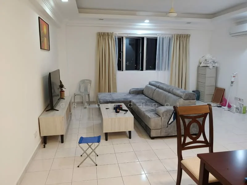 Living features: grey fabric sectional sofa, coffee table, wall-mounted TV, TV console, white painted walls, white ceiling, recessed downlights, floor-to-ceiling windows, sheer curtains, tile flooring, ceiling fan, decorative artwork, dining table, wooden dining chairs; style: modern.