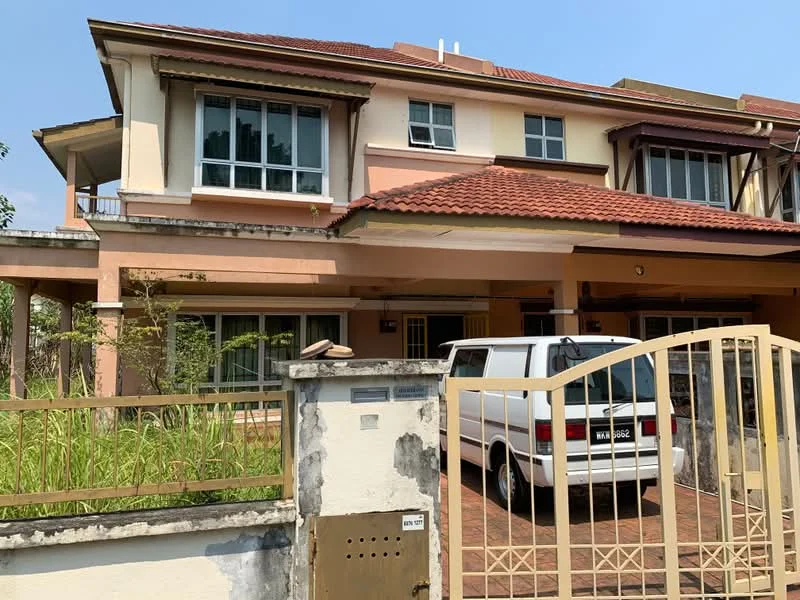 Exterior type: semi-detached house; features: two-storey building, pink painted facade, red tiled roof, front porch with pavers, manicured lawn, large windows, gate at entrance, car parked in driveway; style: modern.