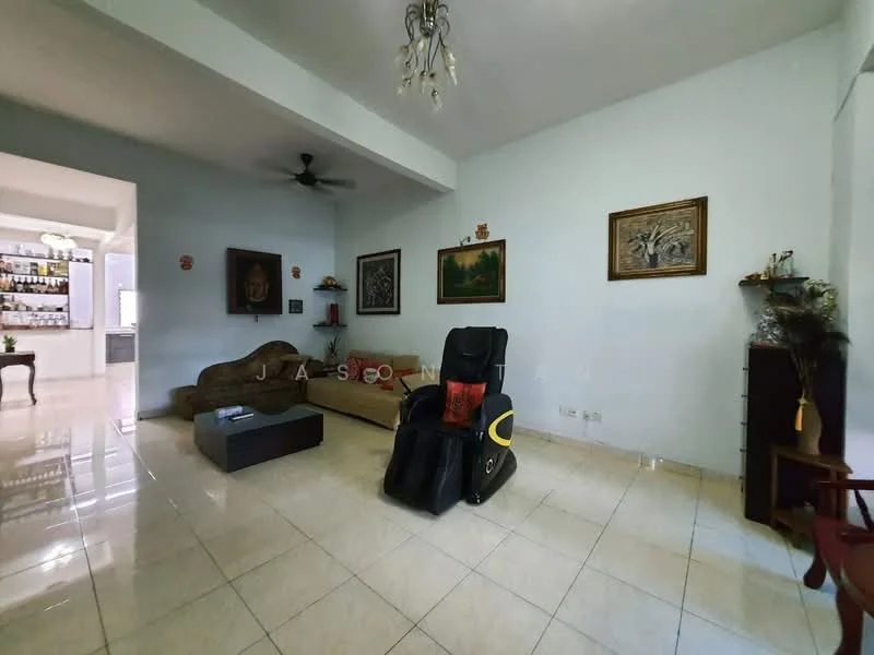 Living features: cream painted walls, white ceiling, marble tile flooring, 5-blade ceiling fan, sofa in beige, coffee table, decorative artwork on walls, wall-mounted light fixture, decorative plants, side table, armchair; style: contemporary.