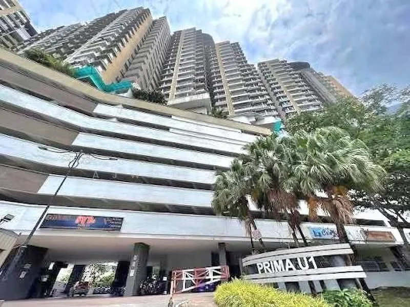 Exterior type: high-rise condominium; features: multi-storey car park, glass curtain wall, palm trees, manicured landscaping, signage at entrance, surrounded by mature greenery; style: modern.