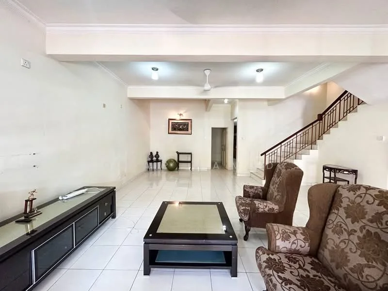 Living features: white painted walls, glossy white tile flooring, 5-blade ceiling fan with light, recessed downlights, brown upholstered armchairs, dark wood coffee table with glass top, decorative wall art, staircase with metal railing, green decorative sphere, wall-mounted light fixtures; style: contemporary.