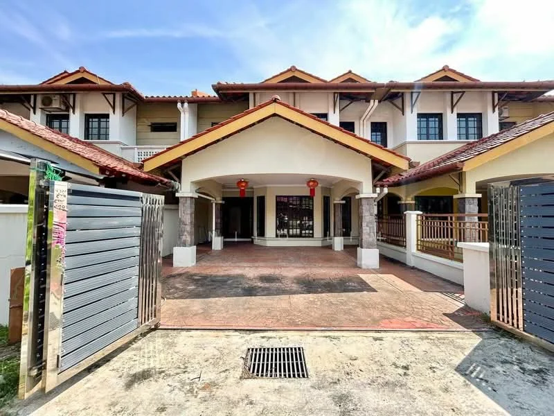 Exterior type: linked terrace house; features: gated entrance, stone cladding on facade, red tiled roof, two-storey structure, front porch area, manicured driveway, decorative lanterns at entrance, windows with black frames, balconies on upper floor, paved walkway; style: modern.