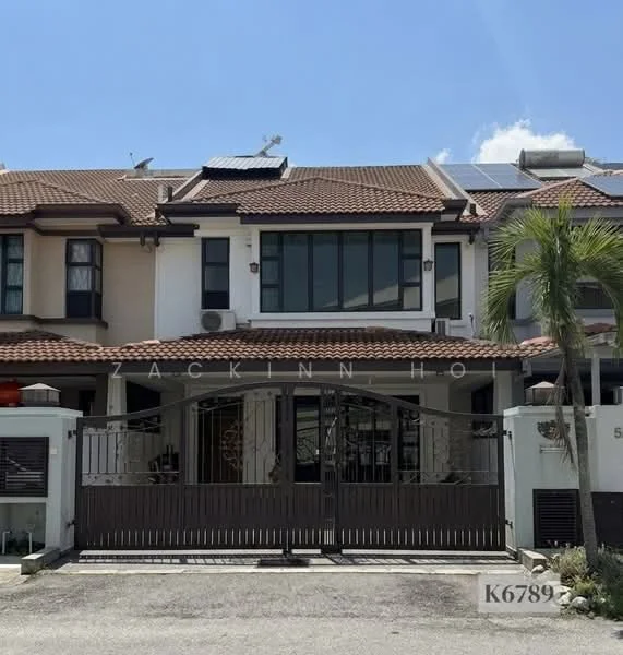 Exterior type: linked terrace house; features: two-storey building, brown tiled roof, white painted facade, large front windows, solar panels on roof, gated entrance, manicured landscaping, paved driveway, front porch, balcony on upper floor; style: modern.