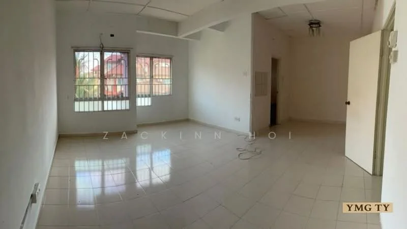 Room features: white painted walls, tile flooring, two windows with grills, ceiling with exposed beams, light fixture on ceiling, door leading to another room, power outlet on wall, cable connection visible; style: minimalist; view: garden.