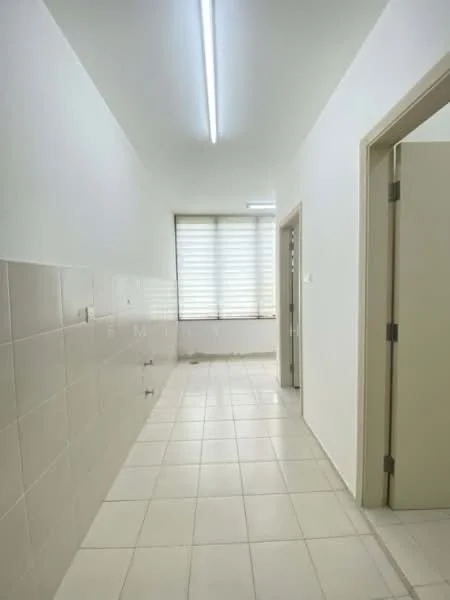 Room features: white painted walls, tile flooring, large window with blinds, fluorescent ceiling lights, corner door, wall-mounted electrical outlets, neutral color scheme; style: modern.