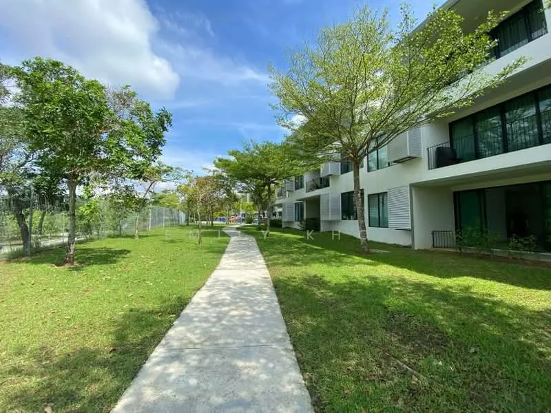 Exterior type: low-rise apartment block; features: manicured lawn, pathway, mature trees, green landscaping, balconies visible, glass windows, white painted facade; style: modern.