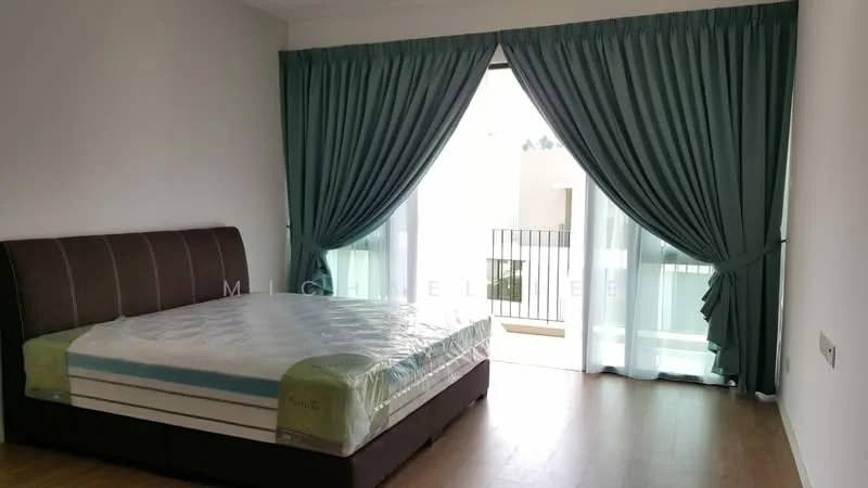 Bedroom features: queen-size bed, upholstered headboard, floor-to-ceiling windows, sheer curtains in teal, dark wood flooring, white painted walls, balcony access, decorative wall paneling; style: modern.