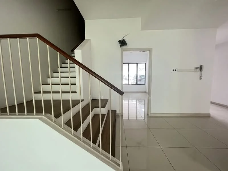 Room features: staircase with wooden steps, white painted walls, glossy tile flooring, large windows for natural light, doorway leading to another room, wall-mounted intercom, open space layout, ceiling with recessed lighting; style: modern.