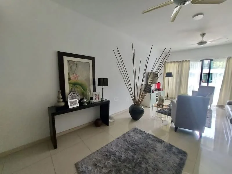 Living features: white painted walls, glossy tile flooring, 5-blade ceiling fan, recessed downlights, large windows with sheer curtains, decorative wall art, black console table, vase with decorative branches, table lamp, area rug with geometric pattern, upholstered armchair in grey, sofa, coffee table; style: modern.