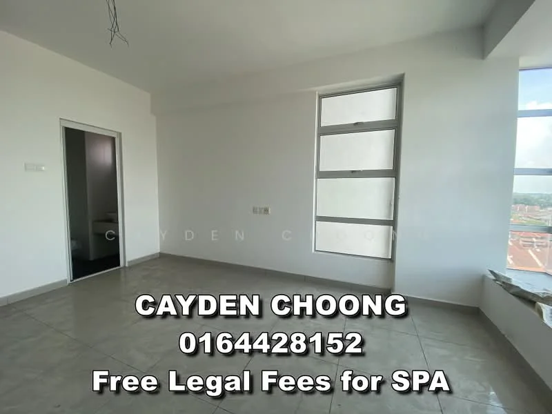 Room features: white painted walls, grey tile flooring, large windows, natural light, plain ceiling, no visible fixtures, minimalist design, open layout; style: modern; view: city.