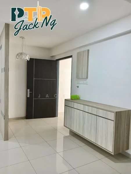 Room features: white painted walls, glossy floor tiles, wooden console cabinet with drawers, modern pendant light, black door, green decorative item on cabinet, neutral color scheme, open layout; style: modern.