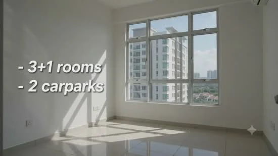 Room features: large windows, white painted walls, glossy tile flooring, natural light, city view, corner room, neutral color palette, open space; style: modern; view: city.