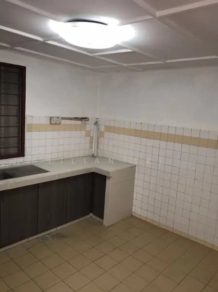 Kitchen features: single-bowl stainless-steel sink, chrome faucet, white tiled walls, cream tiled backsplash, laminate countertop, dark wood cabinetry, tile flooring, ceiling light fixture.