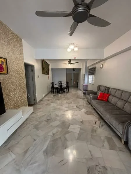 Living features: marble flooring, grey fabric sofa, 3-blade ceiling fan, pendant light fixture, wall-mounted TV, white TV console, decorative artwork on wall, red decorative cushion, dining table with black chairs, large windows with blinds; style: modern.