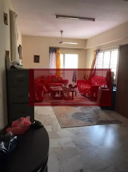 Living features: marble flooring, white painted walls, ceiling fan, large windows with sheer curtains, red fabric sofa set, coffee table, area rug with geometric pattern, decorative wall art, built-in cabinets, natural light from windows; style: contemporary.