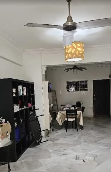 Living features: marble flooring, white painted walls, 5-blade ceiling fan with light, pendant lamp, dining table, upholstered dining chairs, black shelving unit, decorative wall art, window with grille, door to hallway; style: modern.