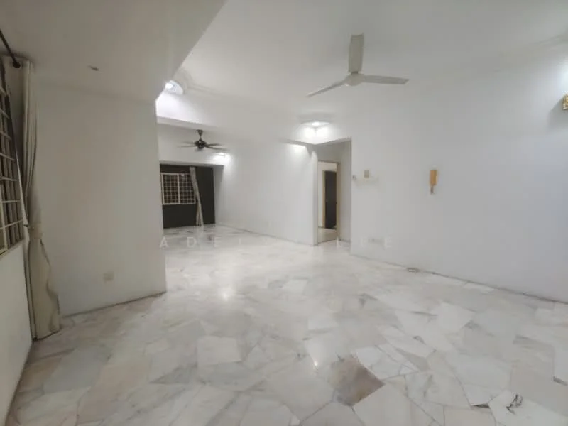 Living features: marble flooring, white painted walls, ceiling fan, recessed downlights, large windows, curtains, open layout, neutral color scheme; style: modern.