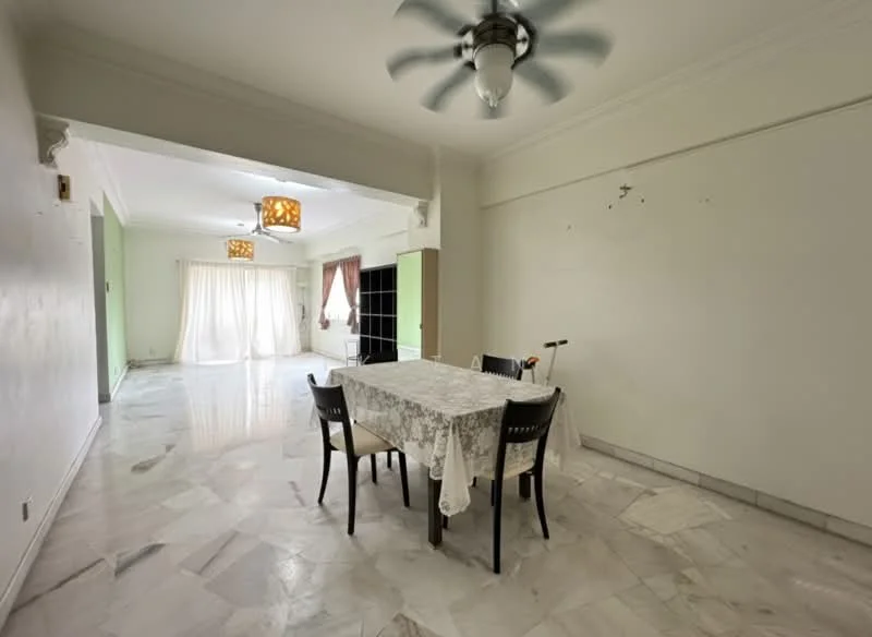 Dining features: marble flooring, white painted walls, 5-blade ceiling fan with light, dining table with tablecloth, 4 dining chairs, large windows with sheer curtains, decorative light fixtures, open layout to living area. Living features: marble flooring, white painted walls, large windows with sheer curtains, natural light from windows, open layout to dining area.