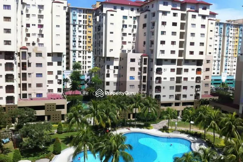 Exterior type: high-rise condominium; features: swimming pool, landscaped garden, palm trees, multiple residential blocks, balconies on residential units, manicured lawn, children's playground, outdoor seating areas; style: modern.