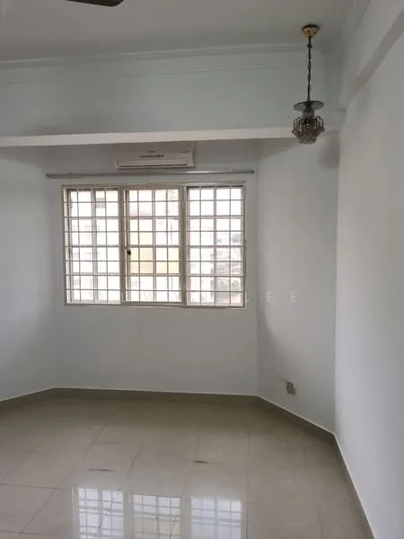 Room features: white painted walls, marble tile flooring, ceiling rose, 1 wall-mounted split AC, window with grid pattern, light fixture with glass shade.